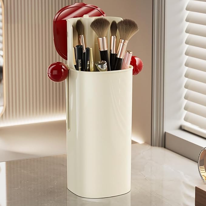 Karmiir Automatic Makeup Brush Organizer with Dustproof Cover & 4 Compartments Automatic Lifting Makeup Brush Holder Long and Short Separation Storage