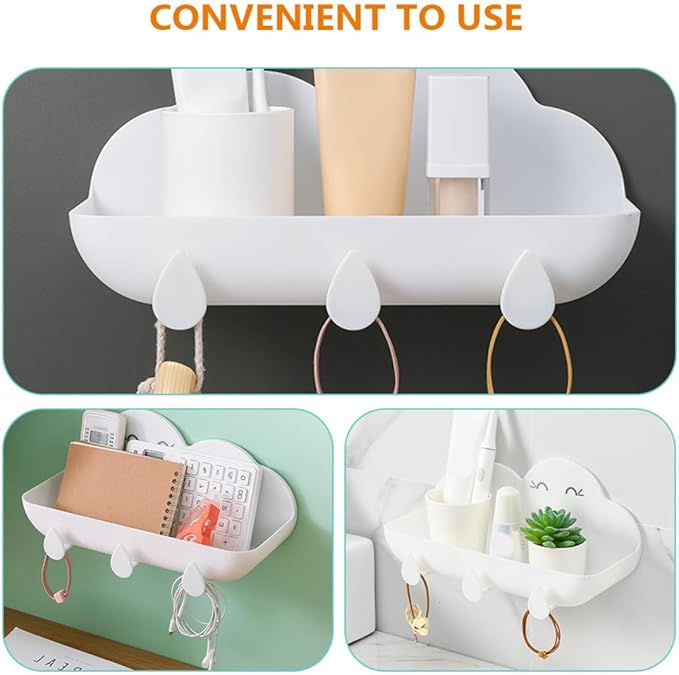 Cloud-Shaped Hanging Bathroom Shelf with Hooks, White Plastic Wall Storage Rack for Home Bathroom Organizer and Wall-Mounted Storage Basket