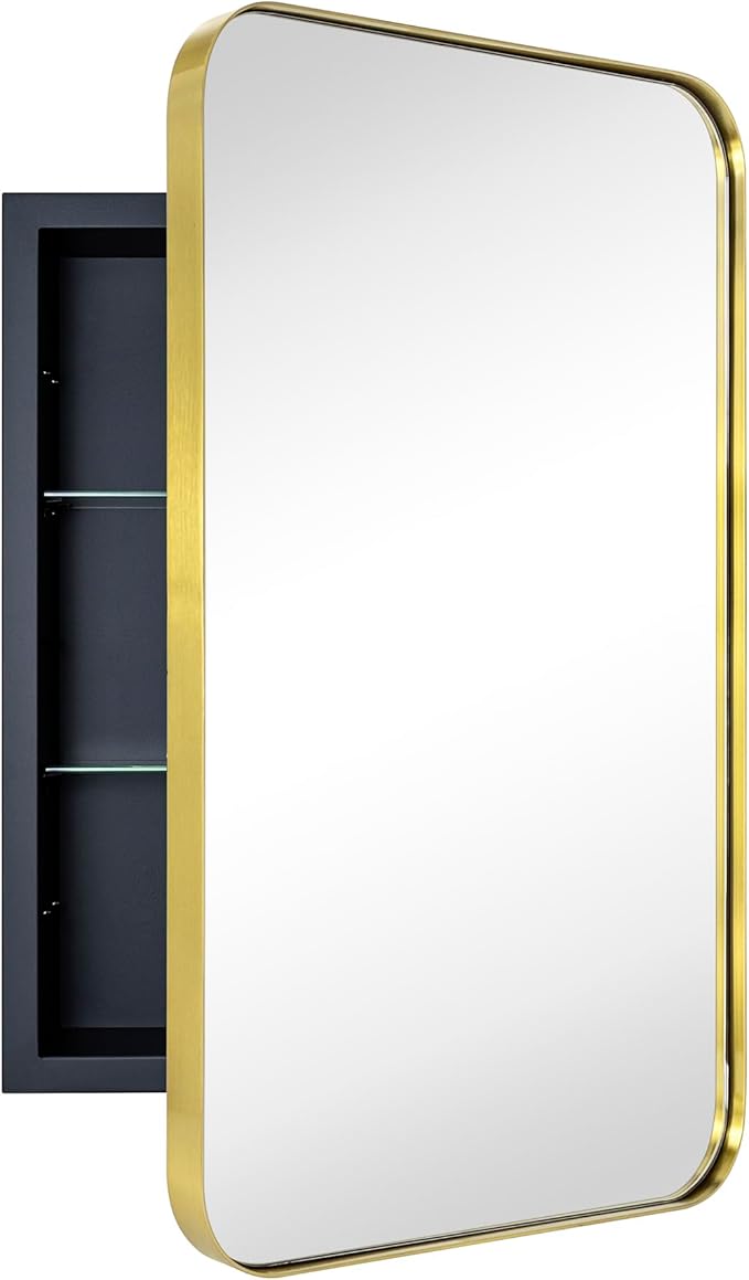 Brushed Gold Rectangle Recessed Bathroom Medicine Cabinet with Mirror Stainless Steel Metal Framed Rounded Rectangular Bathroom Cabinet with Mirror 16x24''