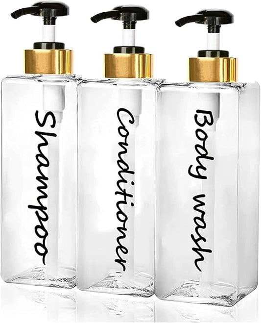 21oz Shampoo Dispenser - Refillable Shampoo and Conditioner Bottles (Clear, Set of 3) - Modern Shampoo Bottles for Shower Soap - Empty Shampoo Conditioner Body Wash Dispenser Set - for Hotel Bathroom
