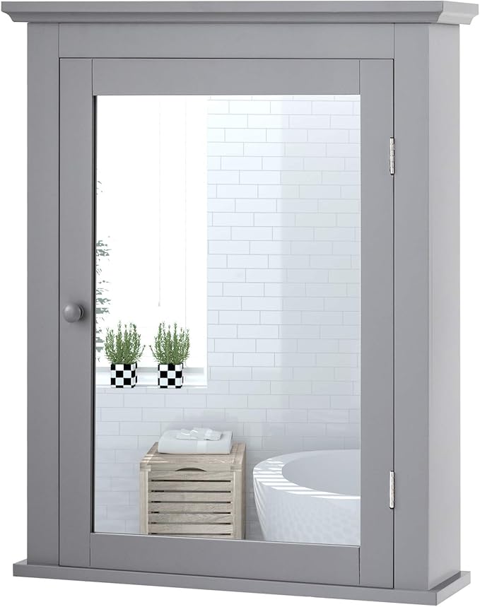 Tangkula Bathroom Cabinet with Mirror, Mirrored Wall-Mounted Storage Medicine Cabinet w/Single Door & Adjustable Shelf in 5 Positions, Multipurpose Wall Cabinet for Bathroom (Gray)