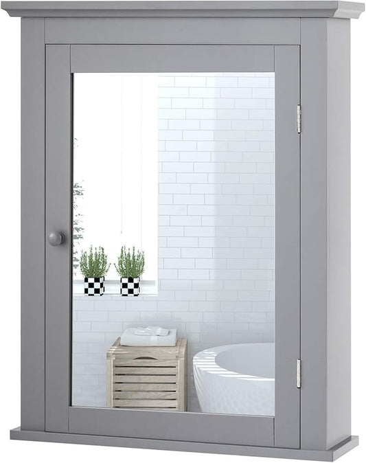 Tangkula Bathroom Cabinet with Mirror, Mirrored Wall-Mounted Storage Medicine Cabinet w/Single Door & Adjustable Shelf in 5 Positions, Multipurpose Wall Cabinet for Bathroom (Gray)