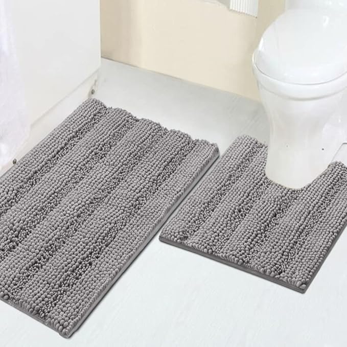 Turquoize Chenille Bathroom Rugs Set Non-Slip Bath Mats for Bathroom Super Absorbent Shaggy Rugs for Tub Shower Toilet Plush Bath Rug Plus U Contour Rug (Standard: 20" x 32" and 20" x 20" U), Dove