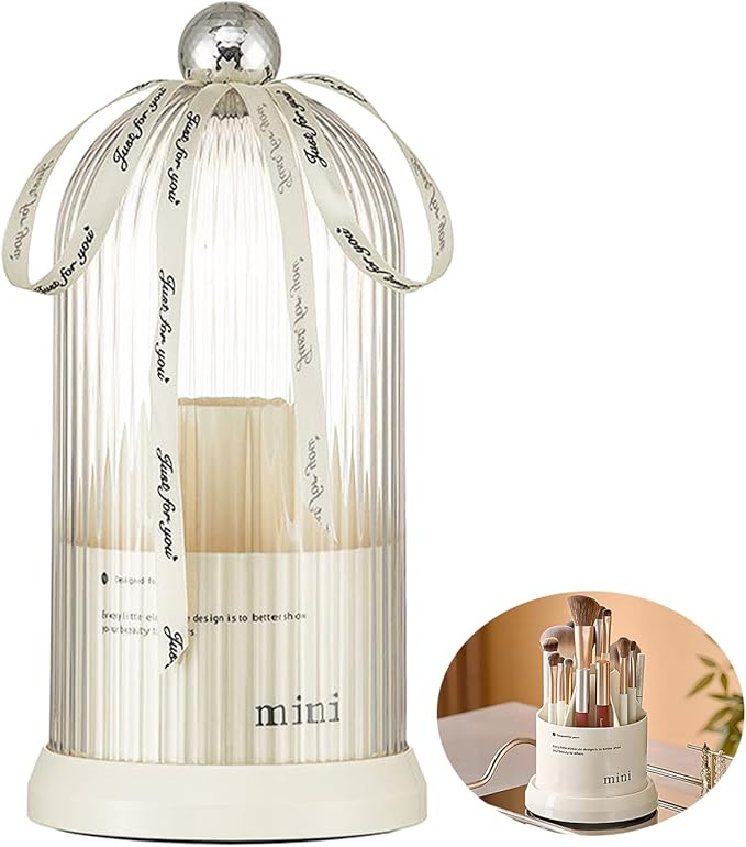 DASITON 360° Rotating Makeup Brush Holder,Covered Dustproof Makeup Brushes Organizer,7 Slot Makeup Brushes Cup,for Vanity Decor,Bathroom Countertops,Cosmetic Display cases（Cream）