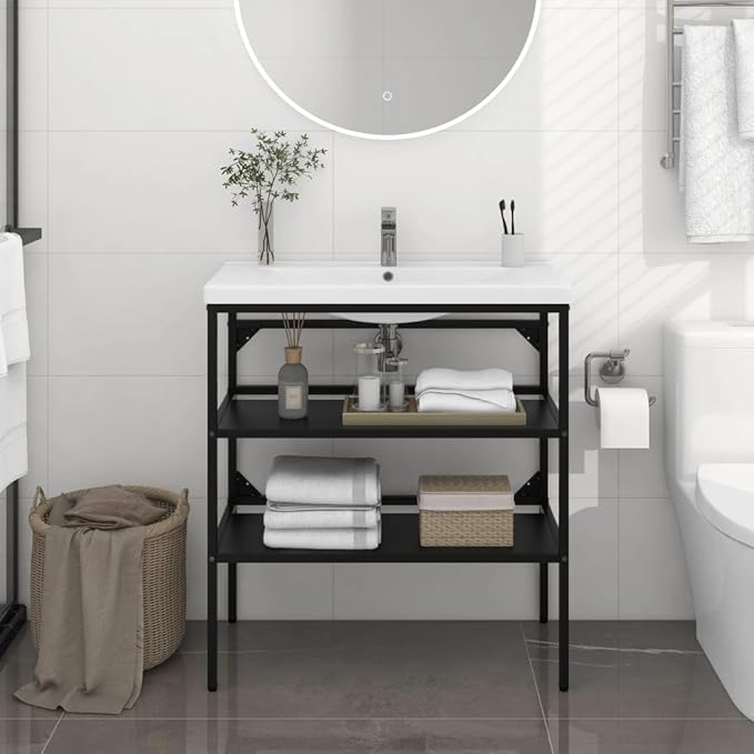 Modern Black Bathroom Sink Frame with Two Shelves, 31.1x15.0 Inch Rectangular Iron Stand for Indoor Vanity, Durable Powder-Coated Storage Organizer