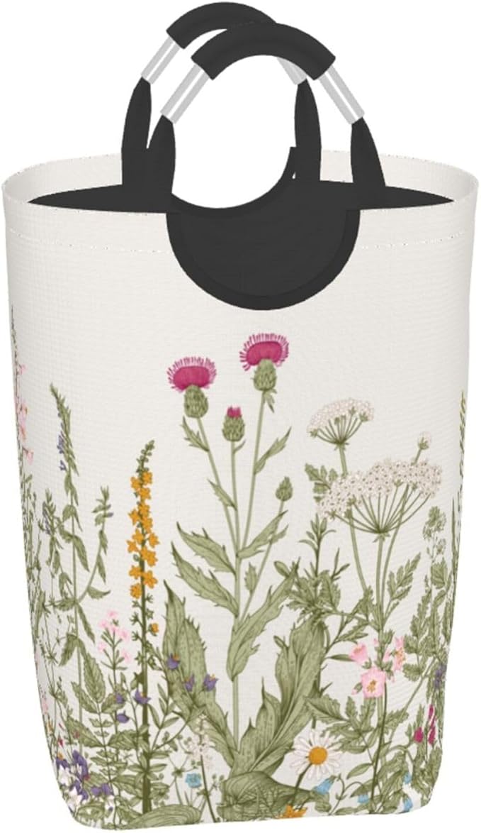 Vintage Floral Plants Laundry Basket Wild Flowers Herbs Foldable Collapsible Laundry Hamper with Handles Clothes Storage Bin 50L
