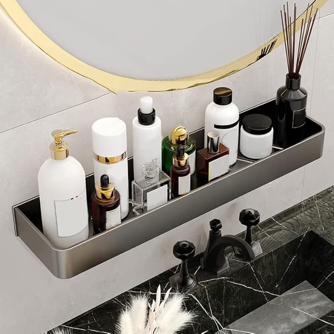 Keenso Gray Space Aluminum Bathroom Shelf, Wall Mounted Storage Rack, Drain, Hollow Design, Large Capacity, 30cm (Single Layer)