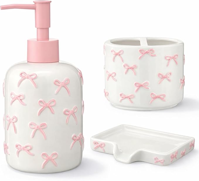 White Bow Ceramic Bathroom Accessories Set 3 Pcs for Countertop, Soap Dispenser, Toothbrush Holder, Soap Holder, Bathroom Sink Decor for Modern Home Decor