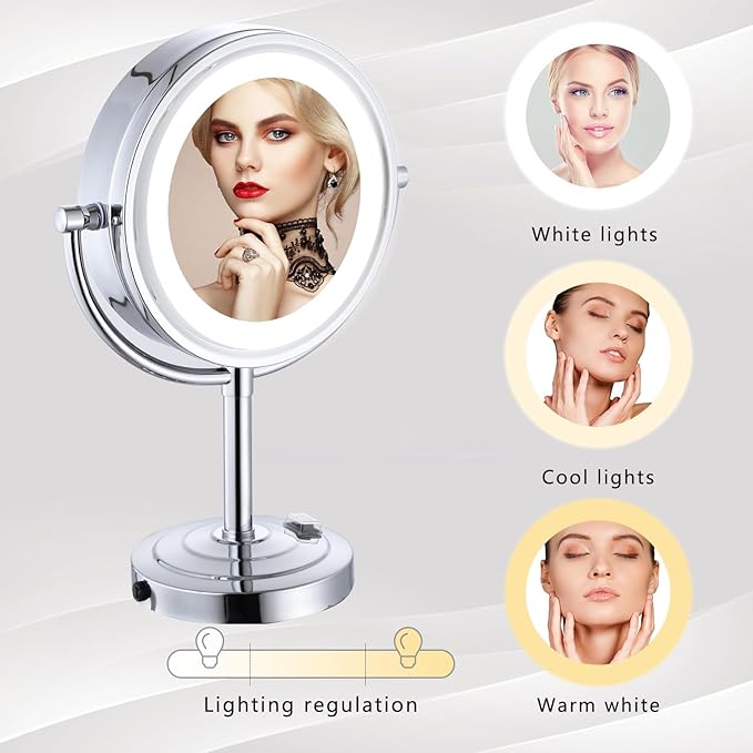 8.5 inch LED Makeup Mirror with 10X Magnification,has Three Colors Lights,Extendable Bathroom Mirror,Tabletop Two-Sided, Antique Brass Finish(8.5in,10X) (Chrome, 10x Magnification)
