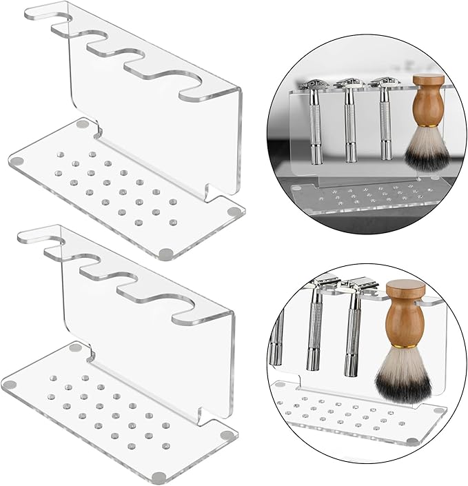 Twin Modern Acrylic Cutlery Racks | Clear Bathroom Shelf with Anti-Slip Base | Countertop Storage for Shaving Tools Clear Shaving Cutlery Display Shelf