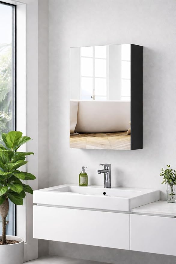 Panana Wall Mounted Bathroom Medicine Cabinet with Mirror, Single Mirrored Door, Adjustable Storage Shelves, Bathroom Wall Storage Organizer (Black, 15.7x23.6 inch)