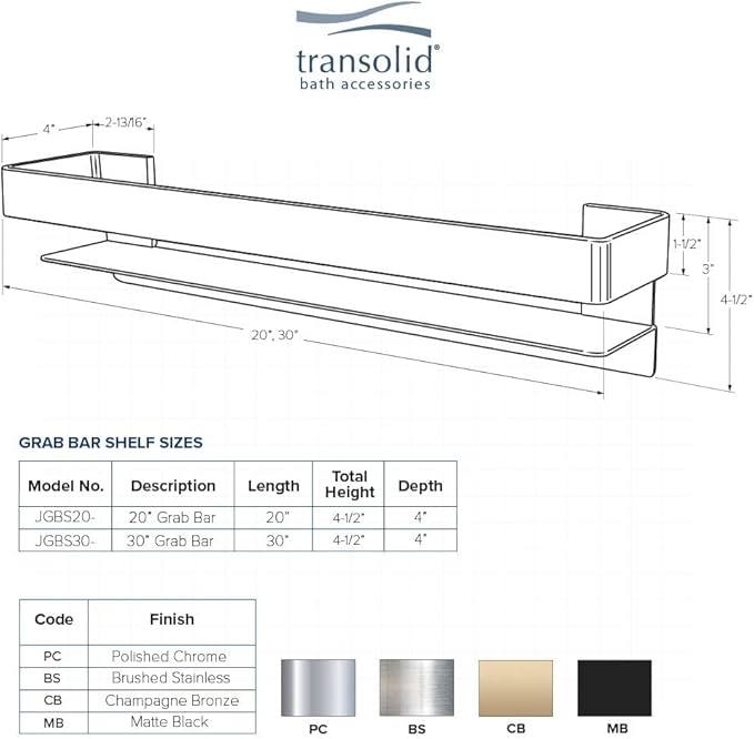 Transolid JGBS30-BS Jocelyn 30-in Grab Bar Shelf, Brushed Stainless