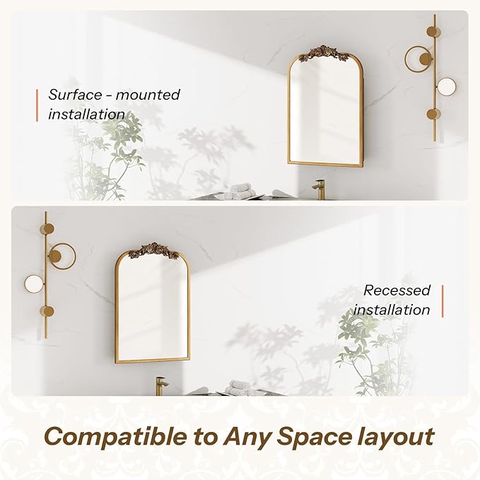 16x24 Inch Bathroom Medicine Cabinet with Mirror, Recessed or Surface Mount, Sturdy, Durable & Easy Installation, Vintage Metal Frame(Gold)