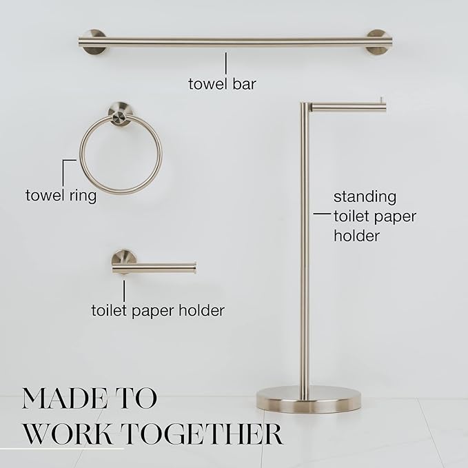 MARMOLUX ACC 2-Pc Bathroom Hardware Set - Hand Towel Holder for Bathroom Wall - Toilet Paper Holder Stand Wall Mount - Towel Holder Hanger Rack Stainless Steel Bathroom Set Towel Ring - Brushed Steel