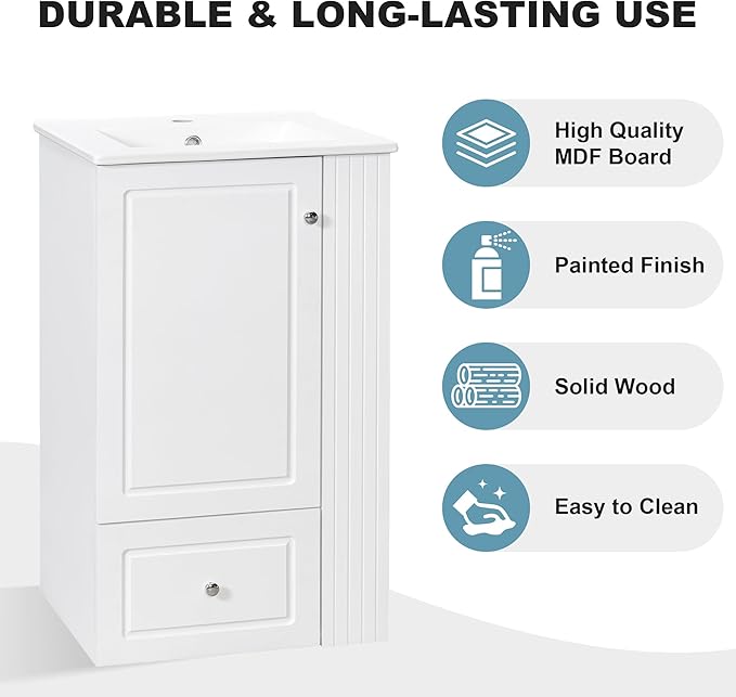 Virubi 20 in Small Bathroom Vanity with Sink,Drawer,Doors and Side Storage & Toilet Paper Holder, Solid Wood & MDF Modern Single Bathroom Sink Cabinet with Drawers,Freestanding (White,20 in)