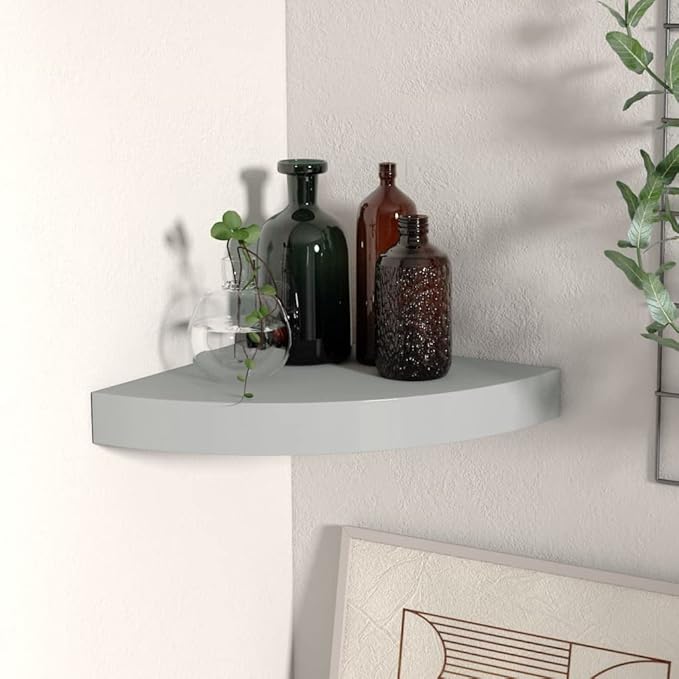Floating Corner Shelf Gray 9.8x9.8x1.5 Inches MDF Wall Mounted Display Rack for Home Decor Books Photos Awards with Invisible Mounting System