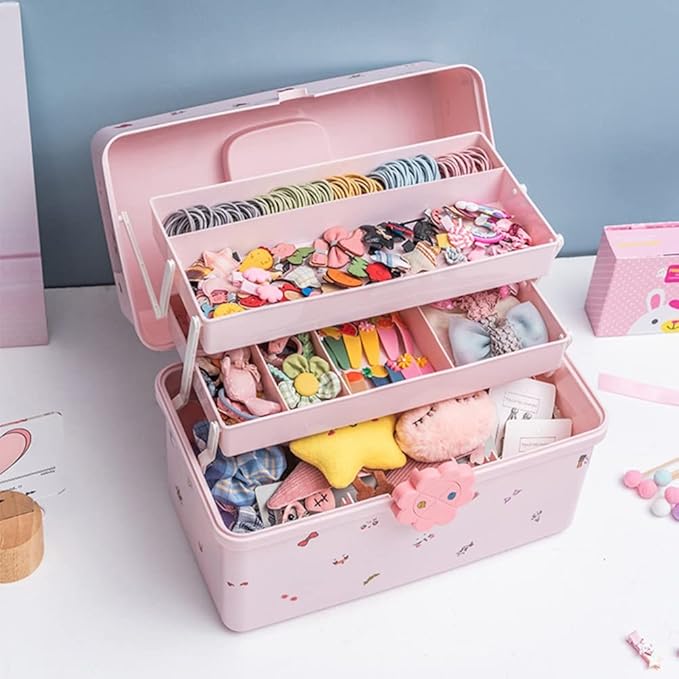 Cute Hair Accessories Organizer for Baby Girls 3-Layers Pink Plastic Hairpin Hairline Headband Storage Box Portable Lockable Hair Jewelry Container