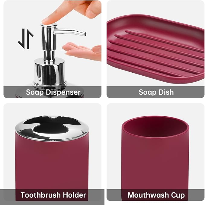 Bathroom Accessories Set, 6Pcs Bathroom Accessory Set Includes Toothbrush Holder, Soap Dispenser, Soap Dish, Toothbrush Cup, Toilet Brush, Trash can for Bathroom Countertop Decor(Burgundy)