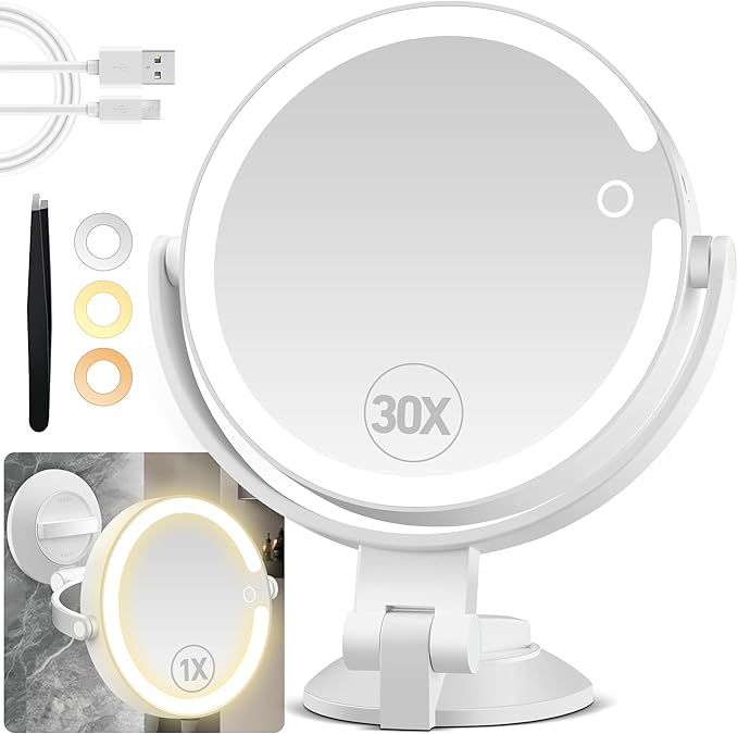 30X/1X Magnifying Mirror Suction Cup with Powerful Locking, Wall Mounted Makeup Mirror, Shaving Mirror for Bathroom, Detachable for Travel, 3 Color Modes and Adjustable Brightness (7 inch)