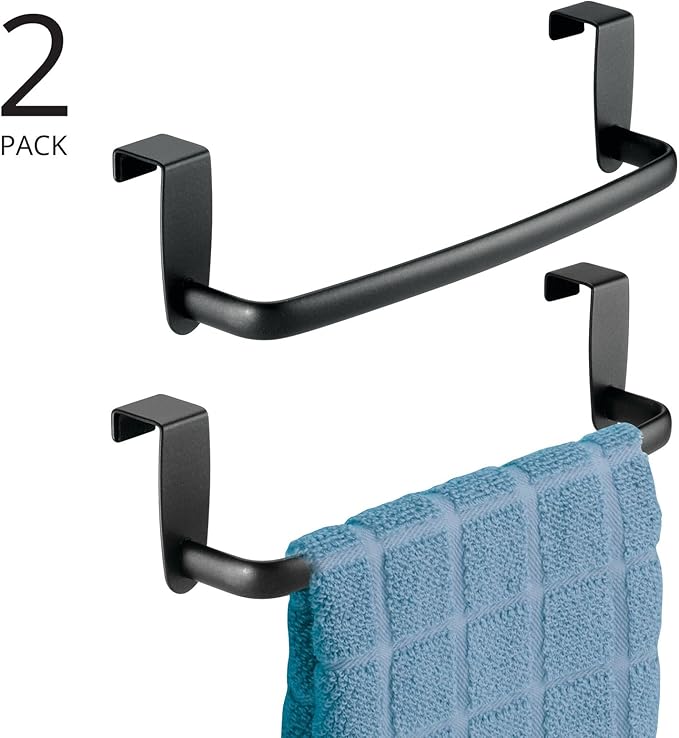 mDesign Steel Metal Wire Over Cabinet Towel Rack Storage Organizer - Hang on Cabinet or Door - Towel Bar Holder for Kitchen - Holds Hand Towels, Washcloths - Spira Collection, 2 Pack, Matte Black