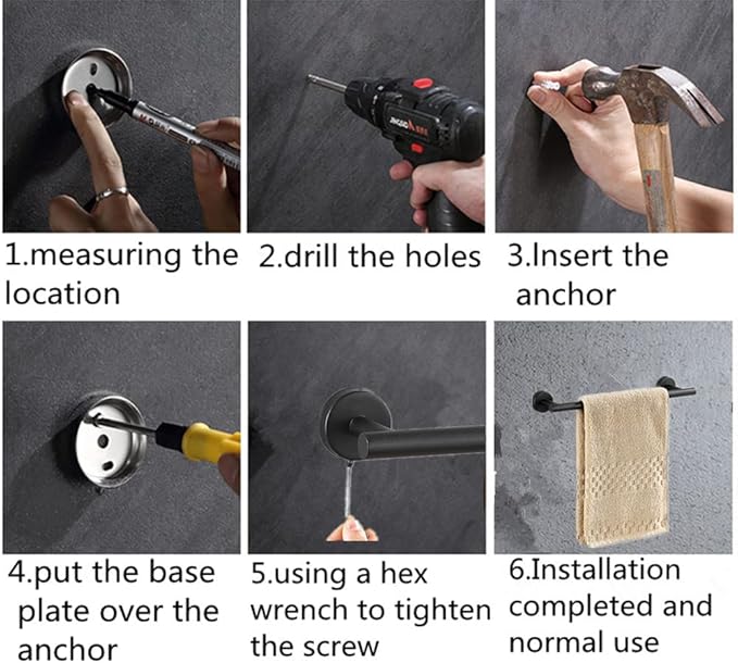 szhdxsy 6Pack Matte Black Bathroom Hardware Set, SUS 304 Stainless Steel Towel Holder Wall Mounted -Include16inch Towel Rack,Toilet Paper Holder, Wall Towel Hooks and Adhesive Bathrobe Hooks.
