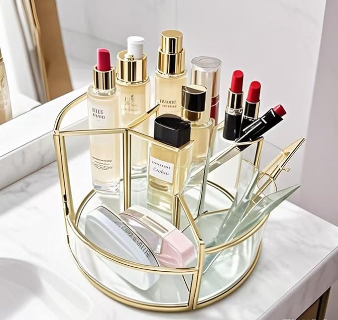360° Rotate Makeup Brush Holder, Makeup Organizers Countertop, Perfume Tray, Bathroom Organizer and Storage for Eyeliner,Lipstick, Lazy Susan Organizer for Vanity Cabinet Dresser Bathroom (Gold)