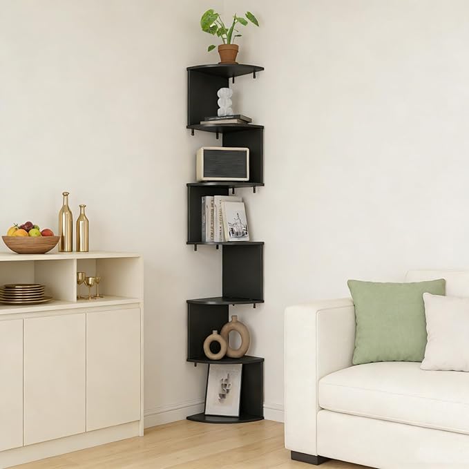 Modern Angled Design 7 Level Corner Shelf for Bathroom Bedroom Living Room Made of Durable Wood Plastic Board