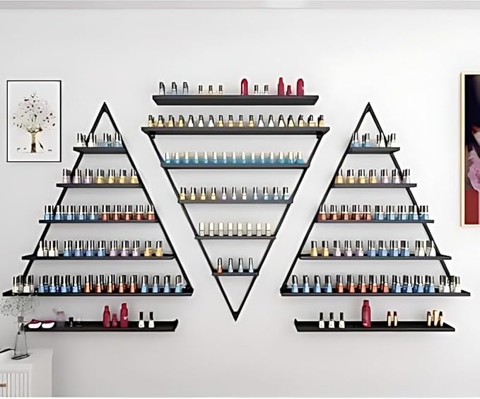 Wall-Mounted Nail Polish Rack, Set of 6 Triangular Blcak Nail Polish Shelf 5-Tier Lipstick Perfume Cosmetic Display Shelf for Home Spa Nail Salon Shop