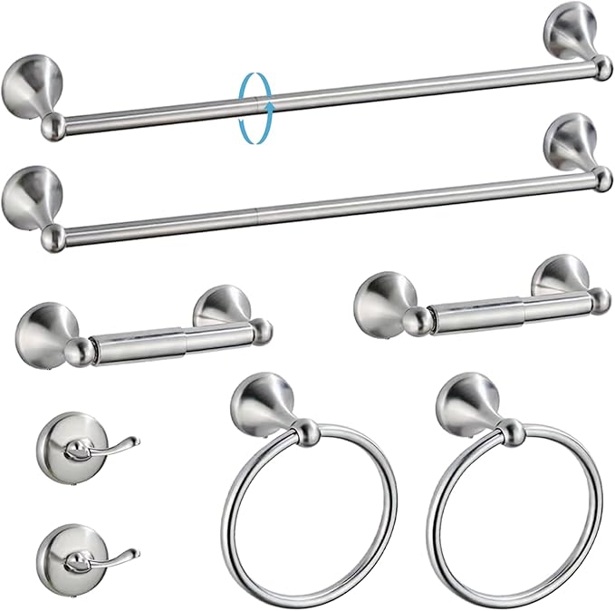 Newfun 8-Pieces 24 Inch Brushed Nickel Bathroom Hardware Set, Bathroom Accessory Set, Includes 24" Adjustable Bath Towel Bar, Towel Rings Wall Mounted, Toilet Paper Holder, Robe Towel Hooks