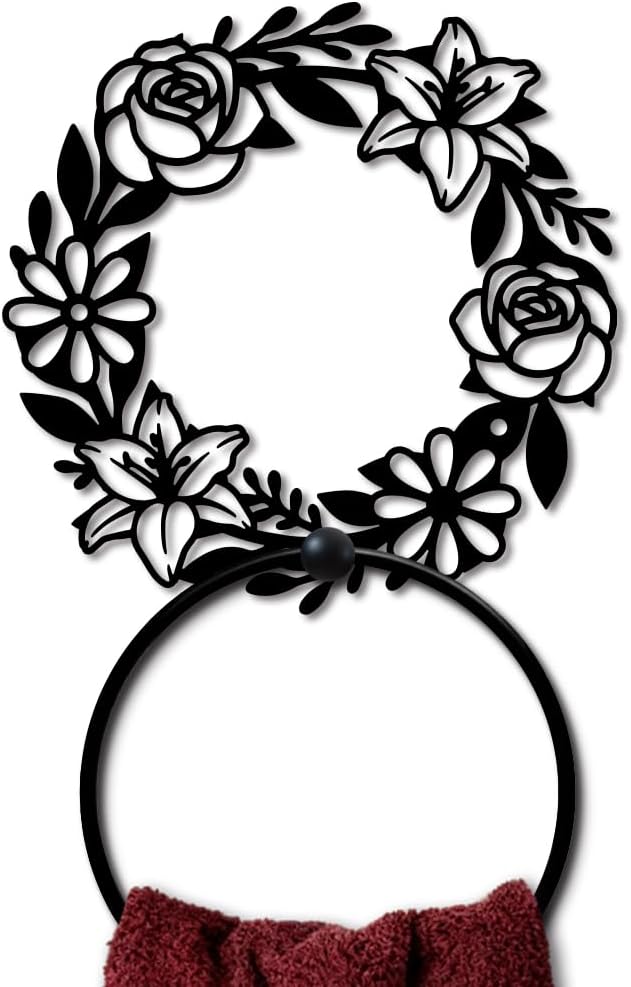 MAYJOYDIY Flower Garland Metal Towel Ring, Round Wreath Black Hand Towel Holder, Branch Leaves Hanging Ring Rose Lilies Wall Mounted Bathroom Accessories for Bathroom Kitchen Home Decoration Gift