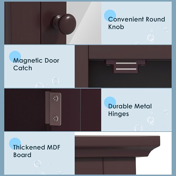 COSTWAY Bathroom Medicine Cabinet with Mirror, Wall-Mounted Storage Cabinet Organizer with 5-Position Adjustable Shelf, Hanging Bathroom Wall Cabinet for Living Room Bedroom Entryway (Brown)