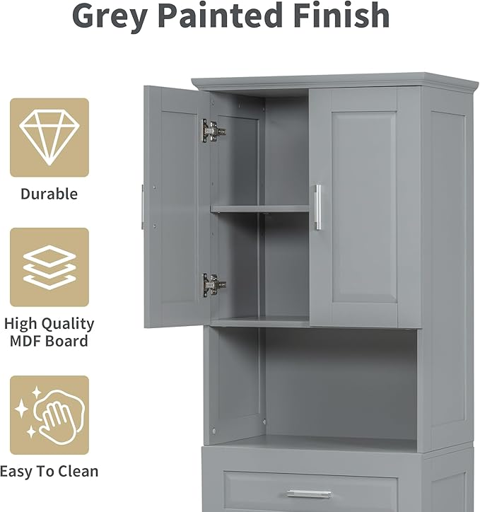 Virubi Tall Laundry Cabinet with Tilt Out Laundry Hamper and Drawer, Modern Wood Bathroom Storage Cabinet with Doors and Adjustable Shelves, Freestanding, Grey