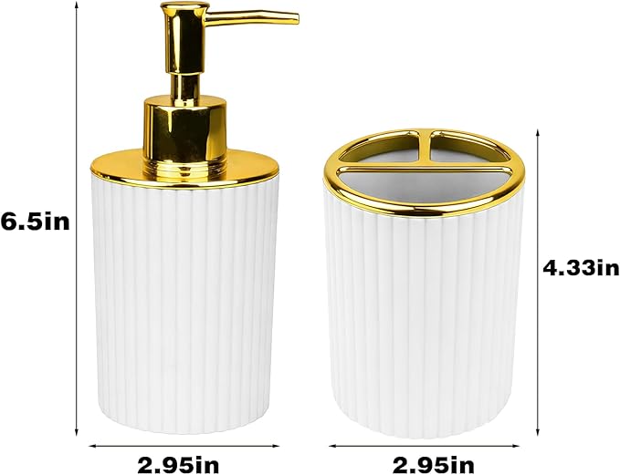 Bathroom Accessories Set, 2-Piece White & Gold Soap Dispenser & Toothbrush Holder, Modern ABS Vanity Organizer for Countertop, Minimalist Bathroom Decor
