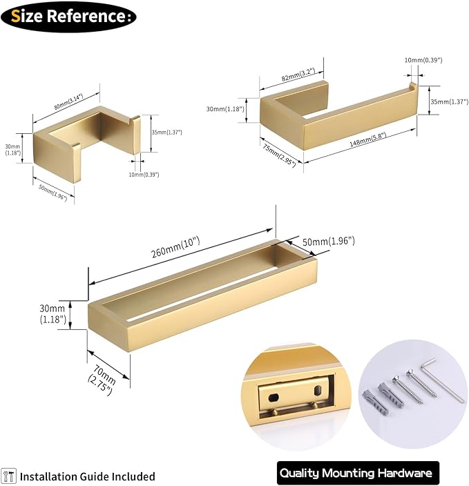 GERZWY Bathroom Accessory 3-Piece Set SUS 304 Stainless Steel Toilet Paper Holder Towel Ring Towel Hooks Wall Mount Gold Finished HG1708-3BE