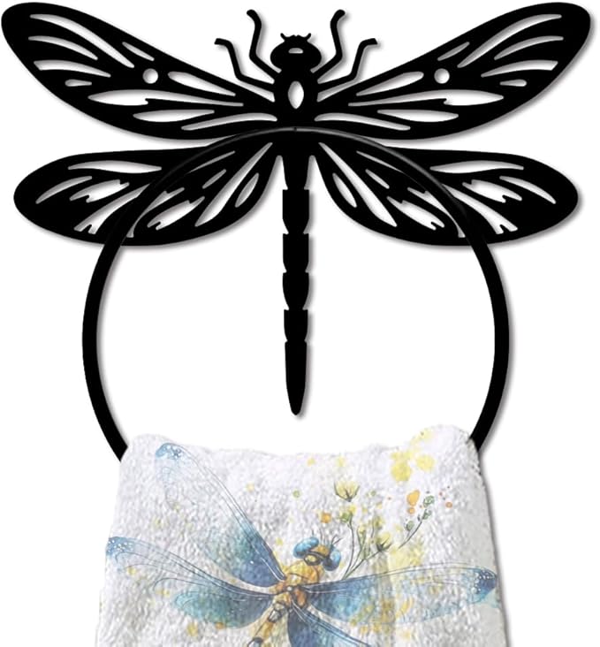 MAYJOYDIY Dragonfly Metal Towel Ring Antique Insects Hand Towel Holder Round Dragonfly Wings Towel Hangers Black Bathroom Towel Rack Wall Mounted for Kitchen Bath Home Laundry Room Decors Gifts