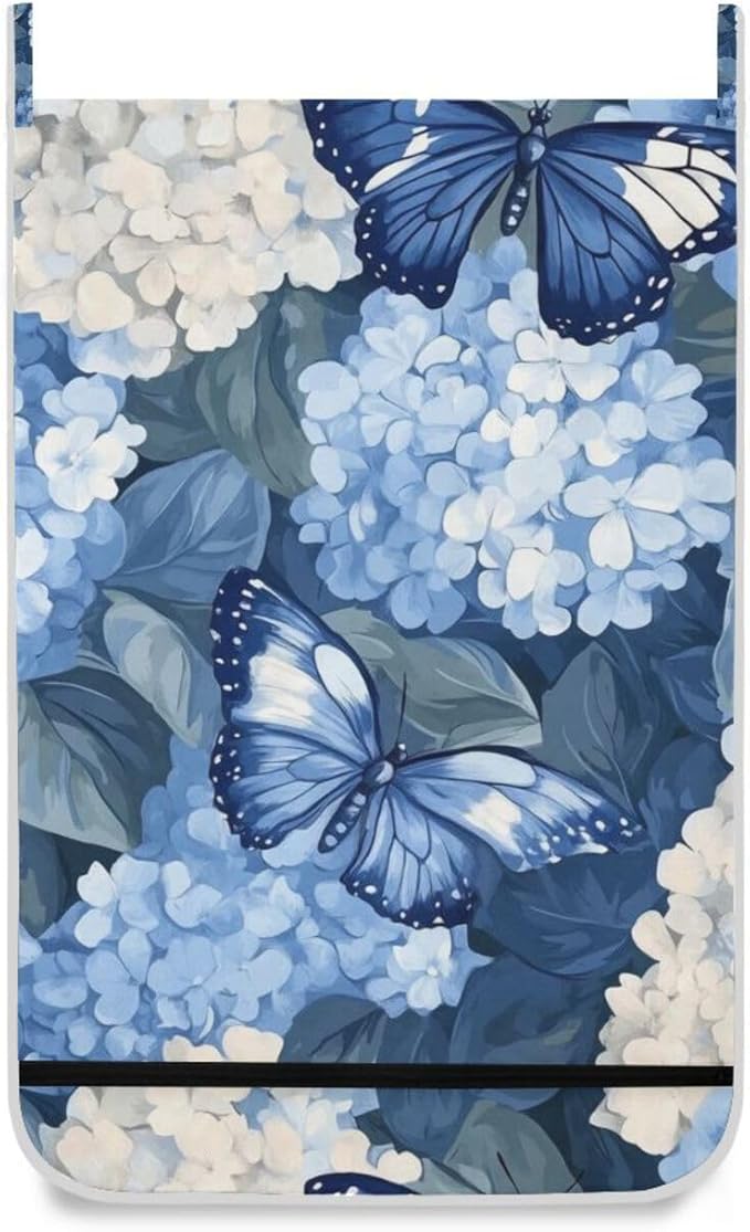 Blue Hydrangea and Butterfly Door Hanging Laundry Hamper Bag with Free Adjustable Stainless Steel Hooks Dirty Clothes Hamper Extra Large Over the Door Laundry Hamper 29.5X20inch 2Pack