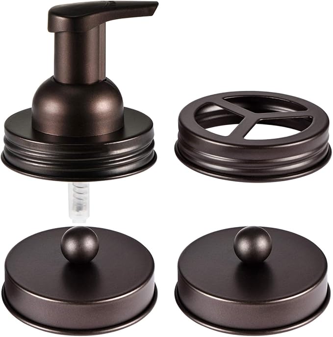 Mason Jar Bathroom Accessories Set(4pcs)- Jars Not Included - Foaming Soap Dispenser,Toothbrush Holder, and Apothecary Storage Jars Lids -Rustic Farmhouse Decor,Brown
