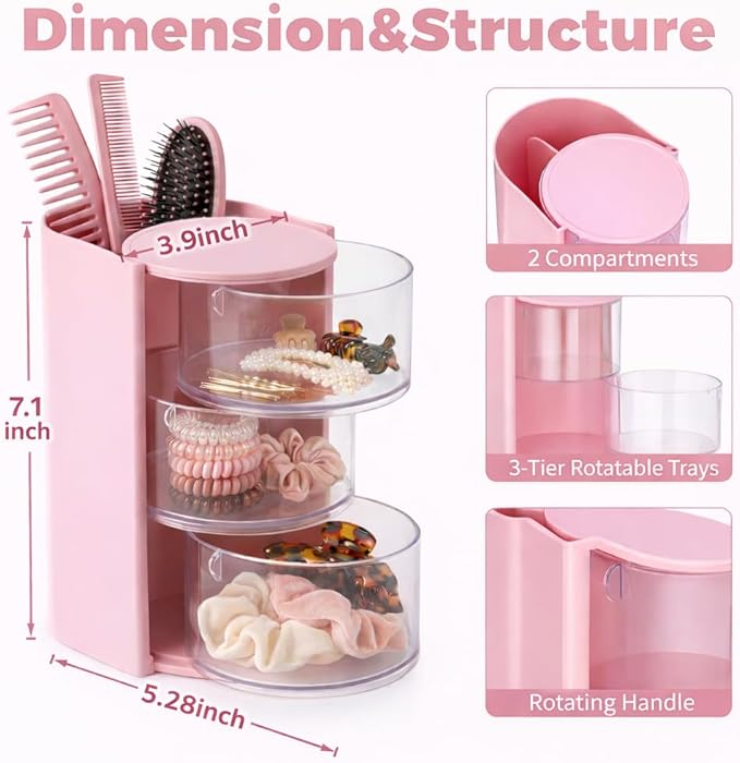 Hair Accessories Organizer with Hair Brush Holder, Rotating Makeup Brush Caddy for Girls Women, 3-Tier Clear Storage for Hair Clips, Ties, Jewelry & Necklaces, Pink