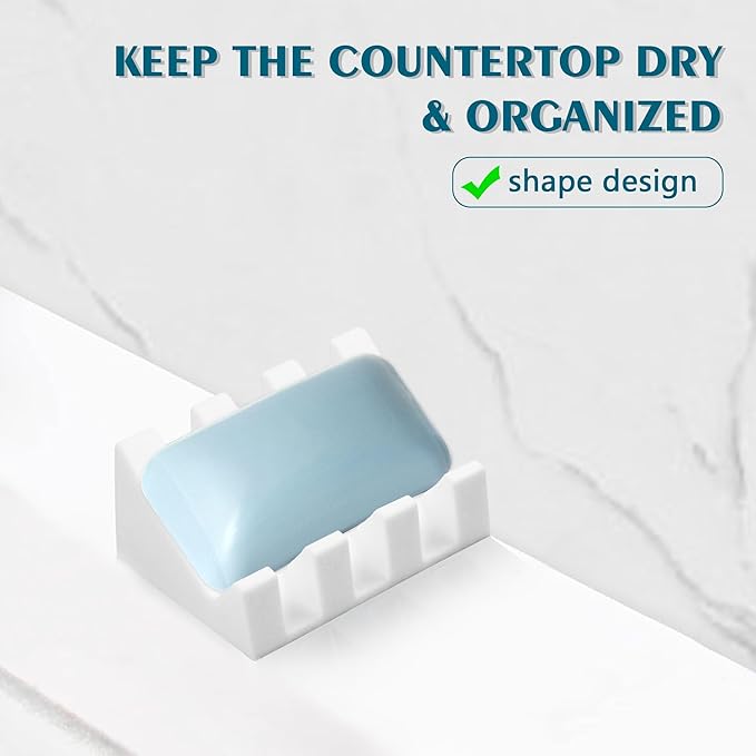 Self Draining Soap Dish Holder,Silicone Soap Dish,for Bathroom,Kitchen, Sponges，Can Extend Soap Life，Keep Soap Bars Dry and Easy Cleaning (White,4-Pack)