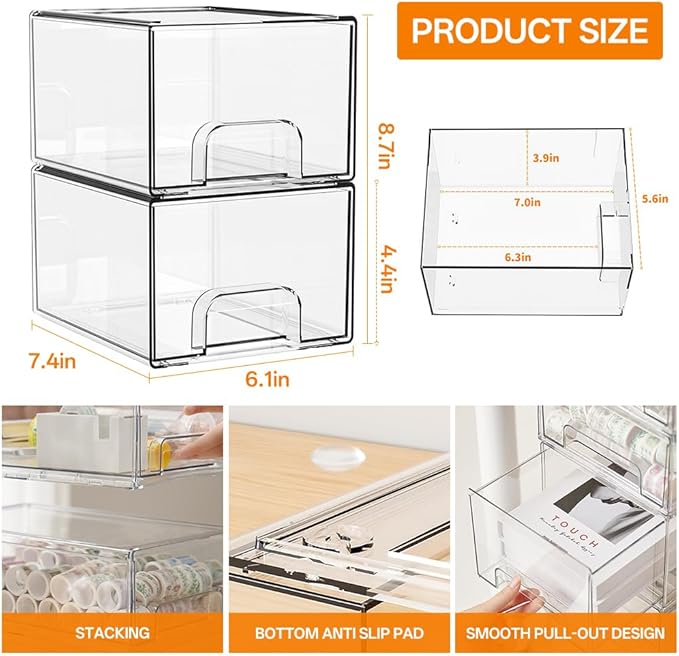 maytopia 6 Pack Clear Stackable Storage Drawers & Qtip Holder Dispenser with Bamboo Lids, Acrylic Drawer Containers Plastic Organizer Bins for Makeup, Bathroom, Cabinet, Undersink