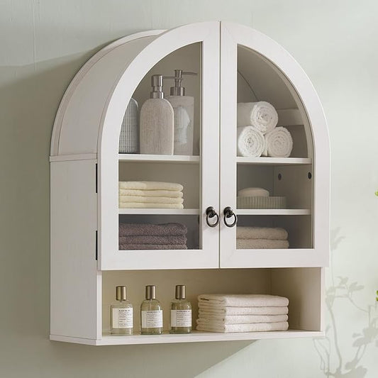 IFGET Bathroom Arched Wall Cabinet, 23.6'' Wide Medicine Cabinet with Adjustable Shelves & Glass Doors, Over The Toilet Storage Wall Mount Cabinet for Laundry Room,Kitchen & Living Room, Antique White