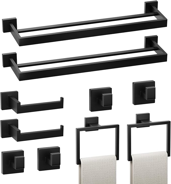 10-Pieces Bathroom Hardware Set,23.6inch Wall Mounted Double Towel Bar Set，Towel Rack&Toilet Paper Holder&Towel Ring and Towel Hook;Bathroom Accessories Set(Matte Black)