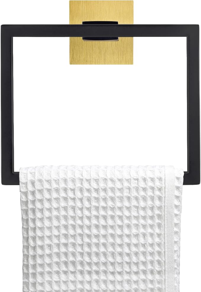 TNOMS Black and Gold Towel Ring Modern Square Hand Towel Bar,Towel Holder for Bathroom,Wall Mount Stainless Steel