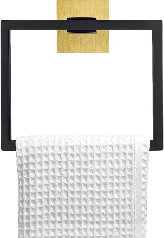 TNOMS Black and Gold Towel Ring Modern Square Hand Towel Bar,Towel Holder for Bathroom,Wall Mount Stainless Steel