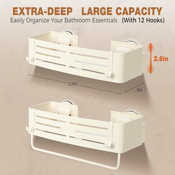 Lekesky Suction Cup Shower Caddy, No Drill Shower Shelves with a Towel Bar, Aluminum Rust Proof Bathroom Shower Organizer with 12 Hooks（2-Pack, Cream）