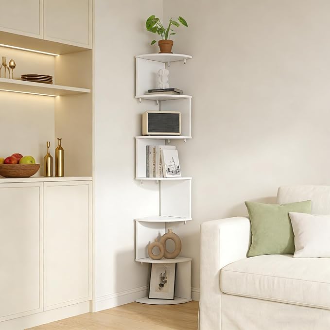 Modern Angled Design 7 Level Corner Shelf for Bathroom Bedroom Living Room Made of Durable Wood Plastic Board