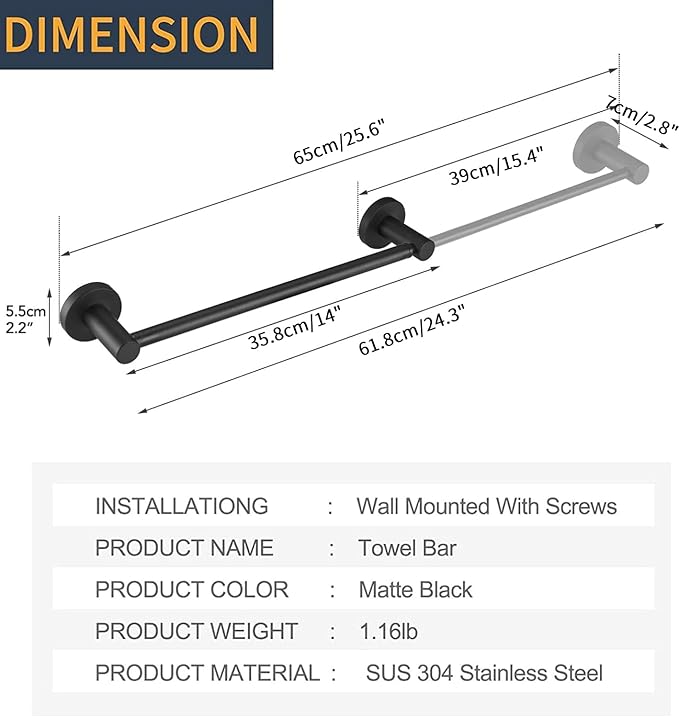 BESy Adjustable 15 to 26 Inch Single Bath Towel Bar Rack for Bathroom Accessories SUS304 Stainless Steel Towel Holder, Wall Mount with Screws Hand Towel Bar Rod Hotel Style, Matte Black