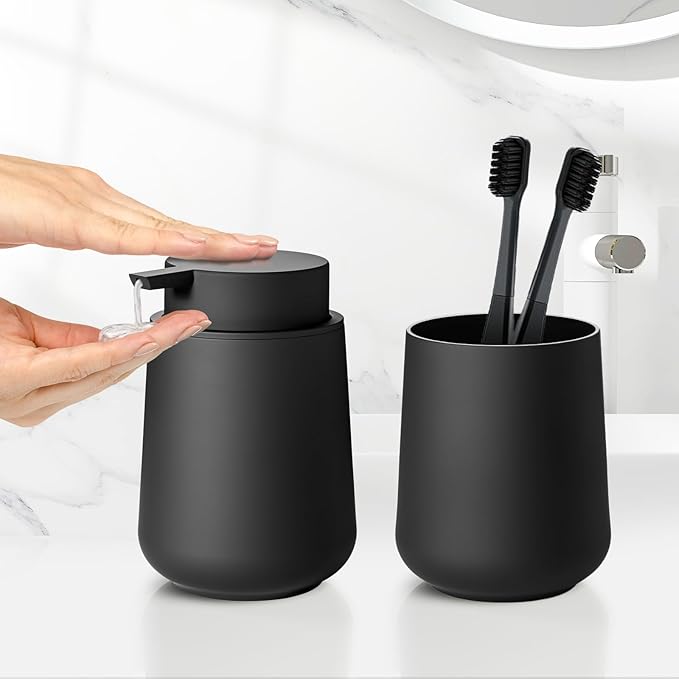 Matte Black Bathroom Accessories Set Plastic Hand Soap Dispenser and Toothbrush Holders 2 Piece