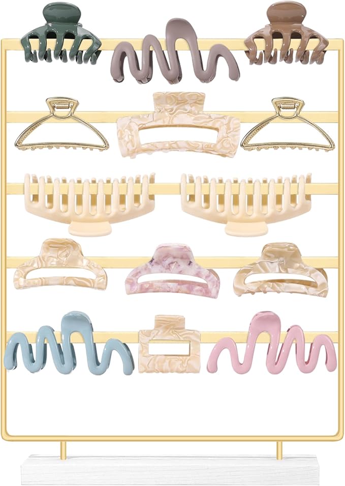 SNOWSTAR Hair Claw Clip Holder Organizer - 5 Tier Iron Rod Hair Clip Holder Storage for Women Girls, Wood Base Desktop Organizer