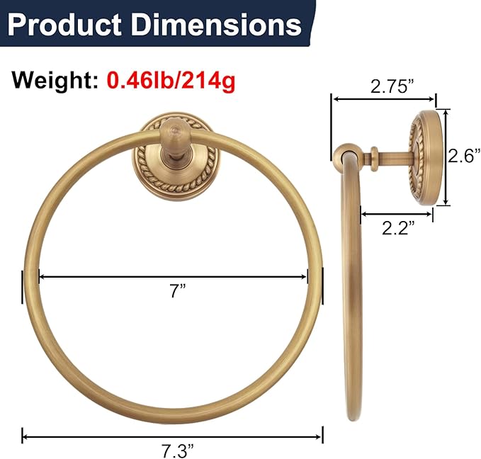 Towel Ring Antique Brass, Towel Holder for Bathroom Wall Mounted, Gold Hand Towel Ring, Round Towel Rack Hanger for Bath, Kitchen